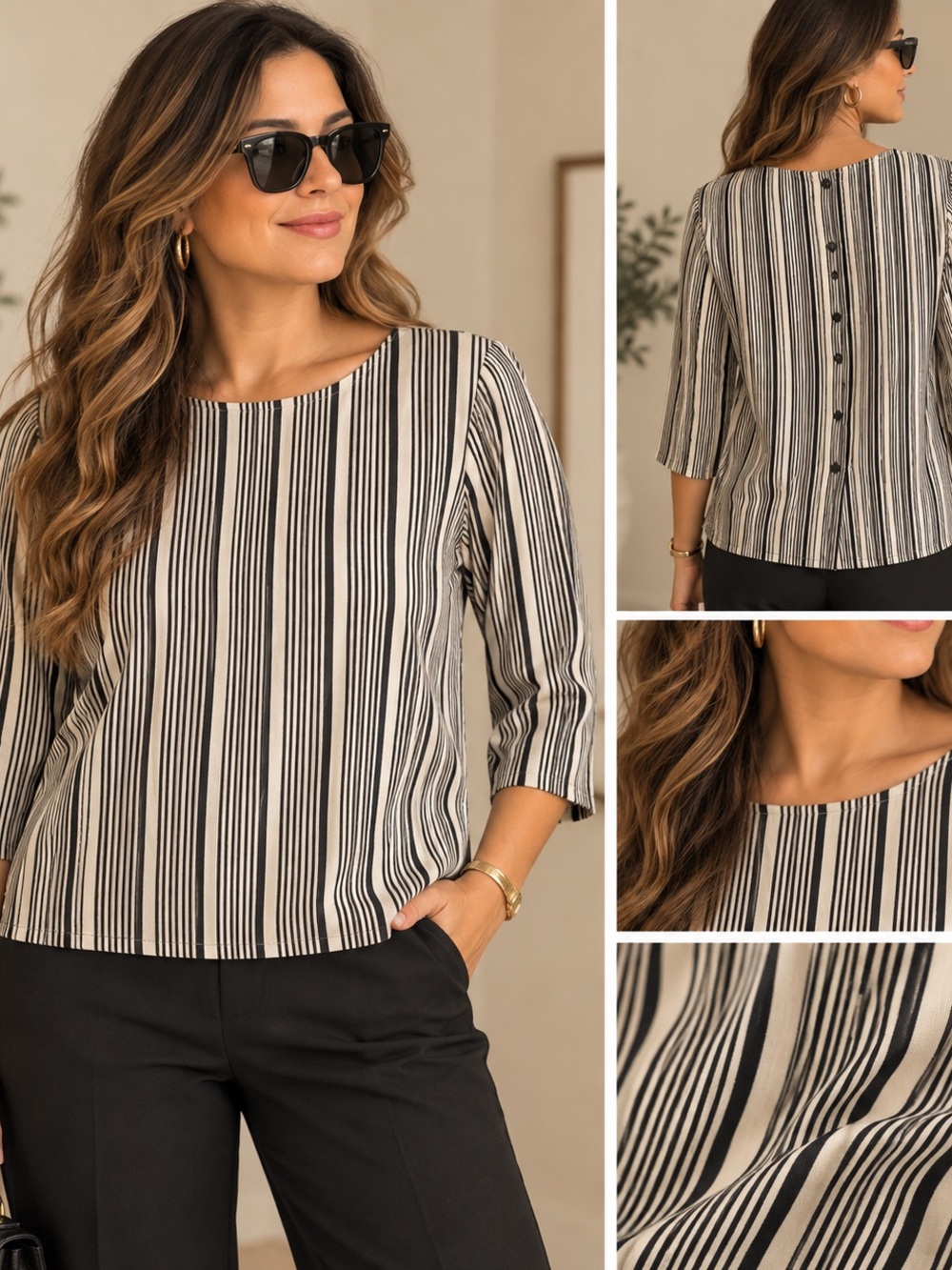 Vintage Oscar de la Renta Black and Cream Striped Boatneck Blouse made in USA